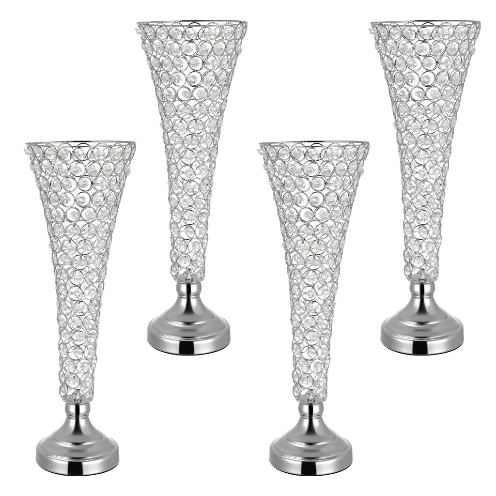 Vasi Decorativi Centrotavola in Metallo e Cristallo, Altezza 51 cm, Set da 4 Pezzi Portafiori Argento per Feste e Banchetti
