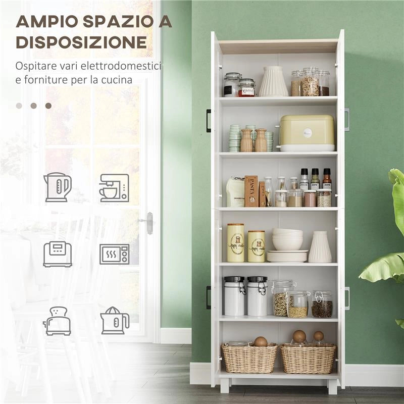 MOBILE DISPENSA DA CUCINA IN LEGNO CON 5 RIPIANI REGOLABILI E 4 ANTE 60X30X170.5 CM BIANCO E COLOR LEGNO
