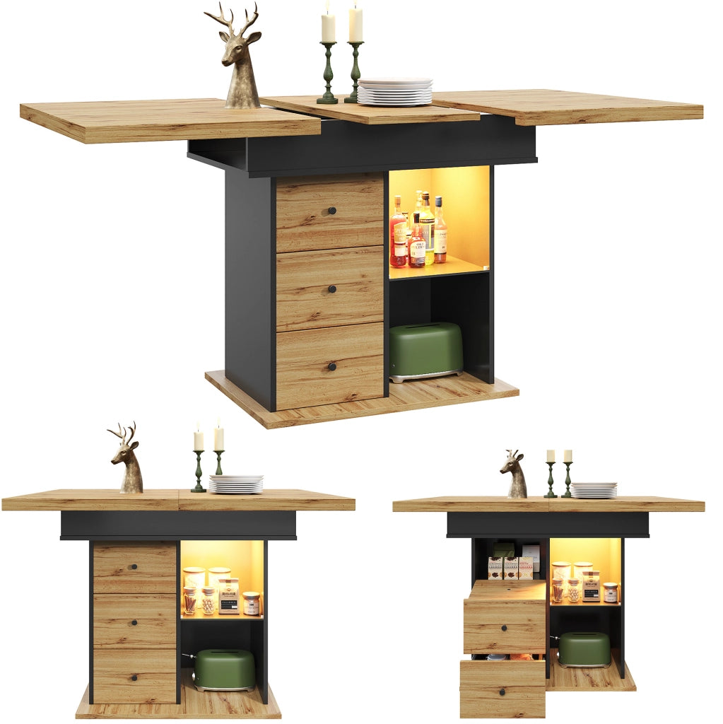 Tavolo allungabile 110-140x80x75 cm con LED e USB; 2 cassetti; MDF nero e naturale
