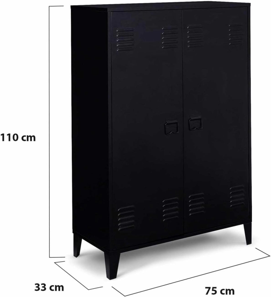 IDMarket - Armadio basso a 2 ante in metallo nero, design industriale ESTER