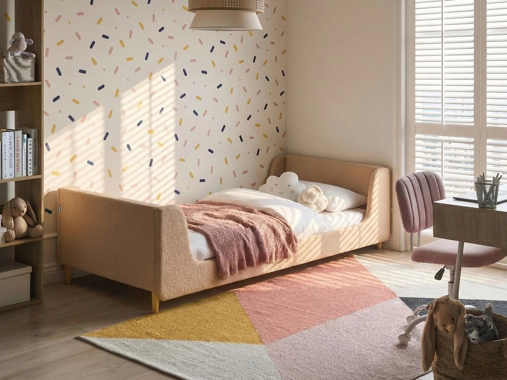 Letto singolo in bouclè rosa con base a doghe 90 x 200 cm Camera da letto Bambini Camera Moderna Tradizionale