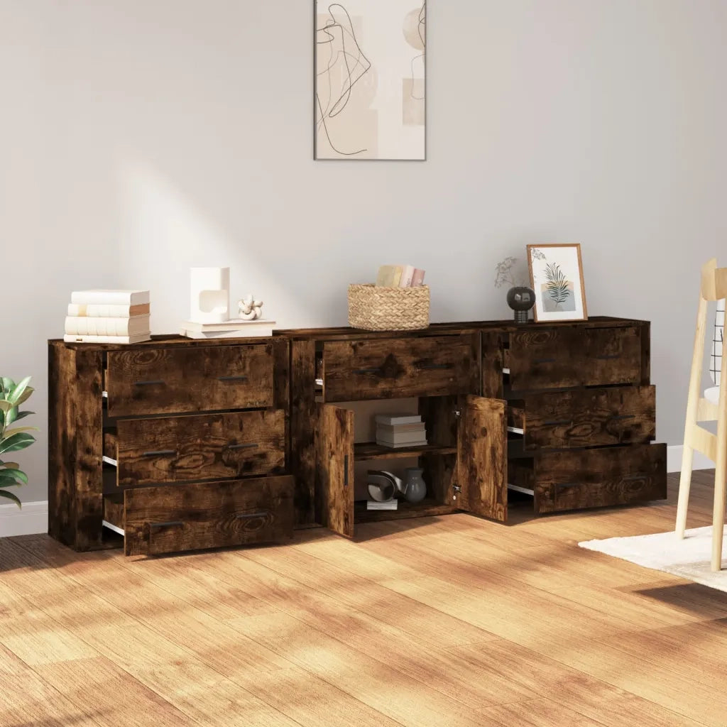 Credenze 3 pz | Madia | Buffet da pranzo | Armadio da pranzo Rovere Fumo in Legno Multistrato