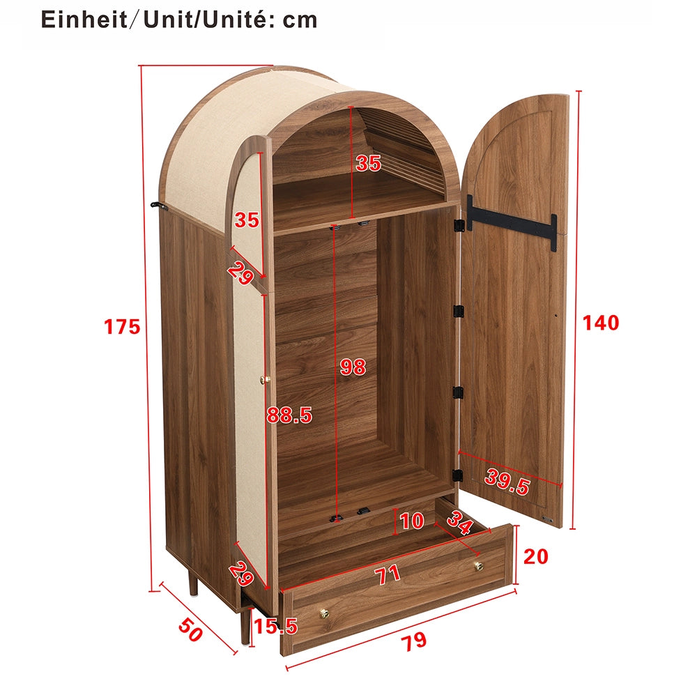 Armadio elegante con ante in tessuto e cassetto - Xylo - Aspetto noce, gambe in legno stabile, spazio pratico per abiti e accessori