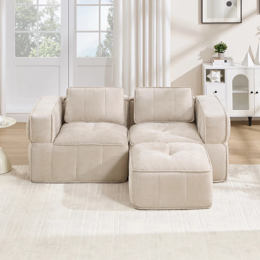 Divano modulare angolare con pouf 198x162x67 cm in poliestere beige