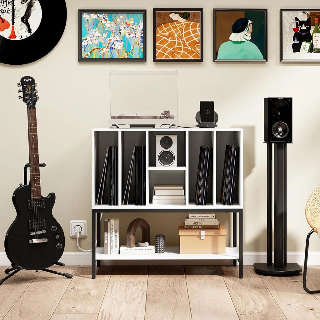 Supporto per Giradischi con Stazione di Ricarica, Credenza per Giradischi con Spazio per Album, Tavolino Porta-Vinili con Scaffali per CD per Soggiorno e Sala Musica (Bianco)