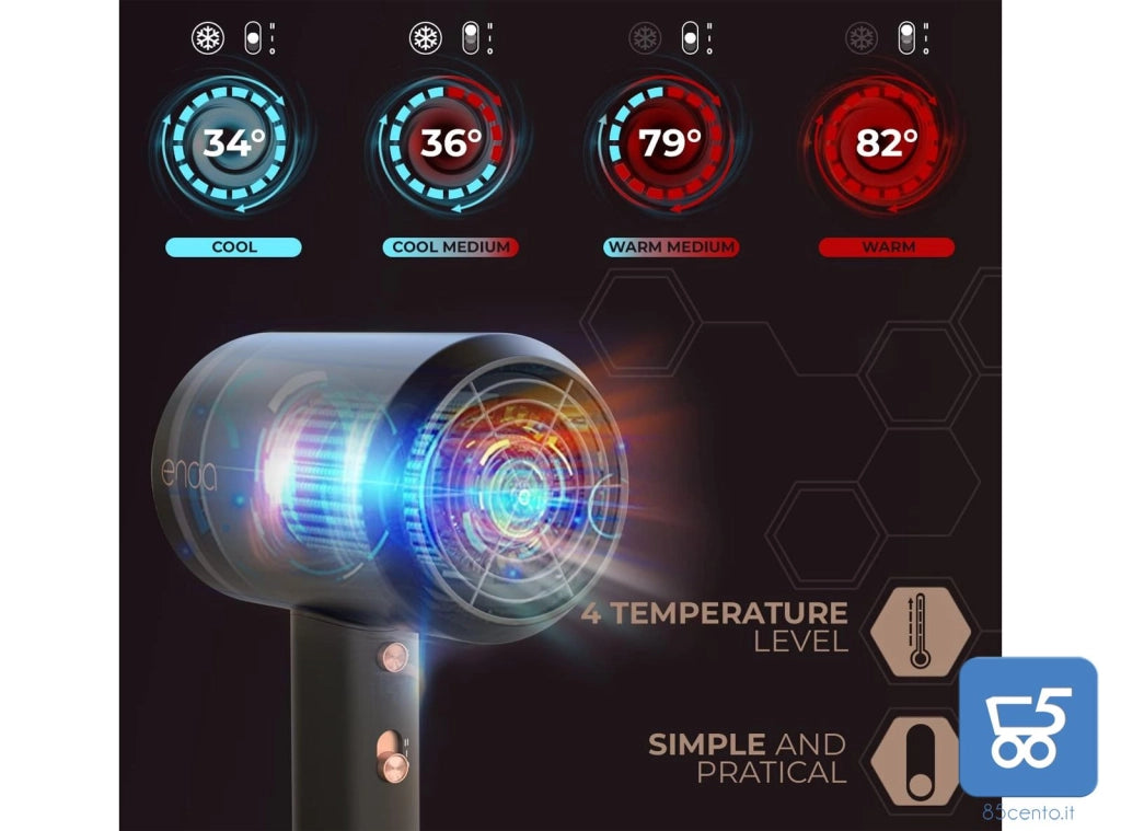 Phon Professionale ENOA X8 PRO 2000W Funzione Ionica Anti-Crespo Temperatura Costante 2 Temperature 4 Velocità Design Compatto - EX DEMO