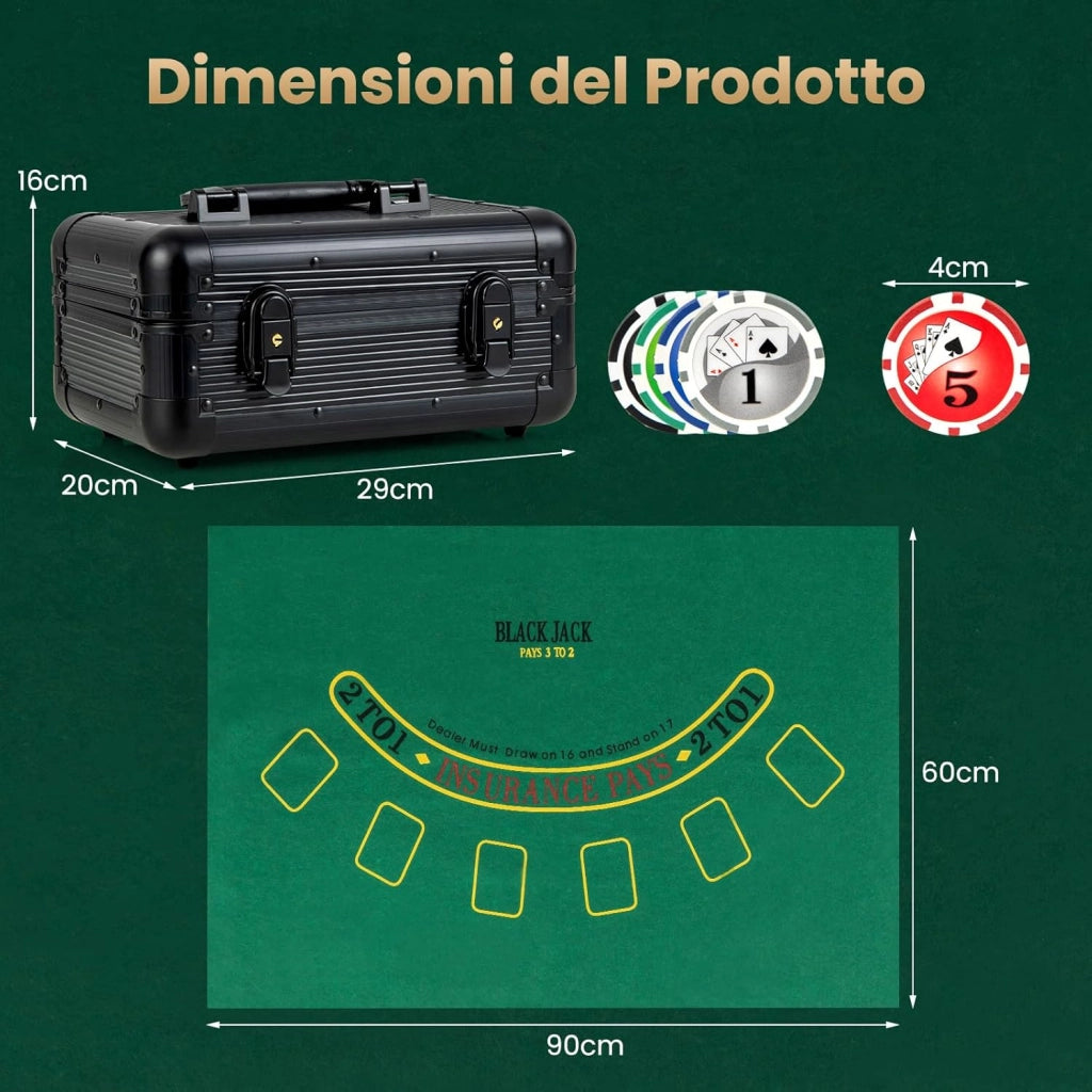 Set da Poker Completo con 300 Finches e 2 Mazzi di Poker, Valigetta in Alluminio a 2 Chiavi con Tappetino e Bottone Dealer, Fish Poker per Texas Holdem e Blackjack