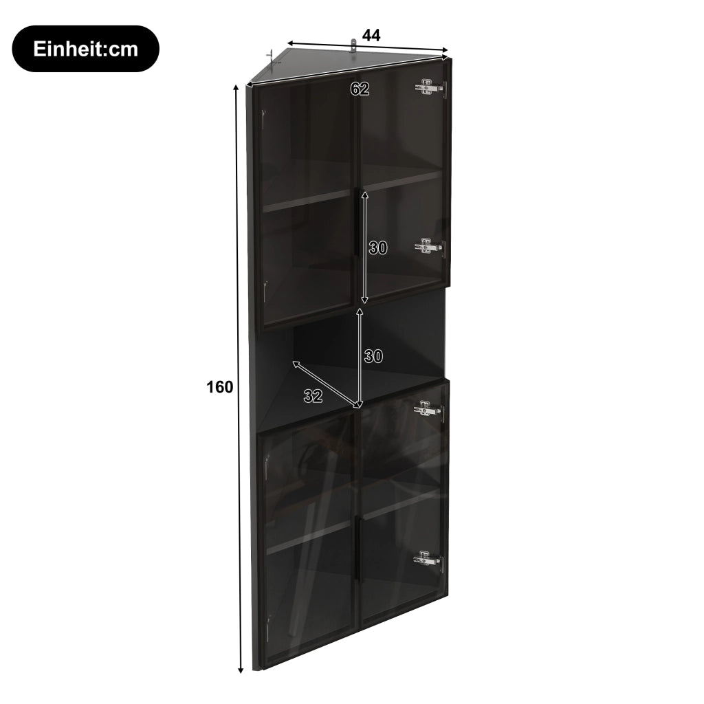 Vetrina ad angolo triangolare 62x32x160 cm nera con frontali in vetro, LED caldo e vano centrale aperto