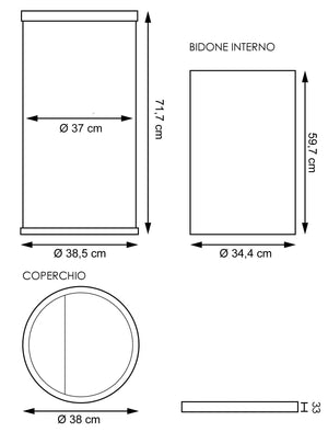 Cestino Gettacarte Posacenere Ø38,5 cm in Metallo Nero Opaco 52L per Interno Esterno