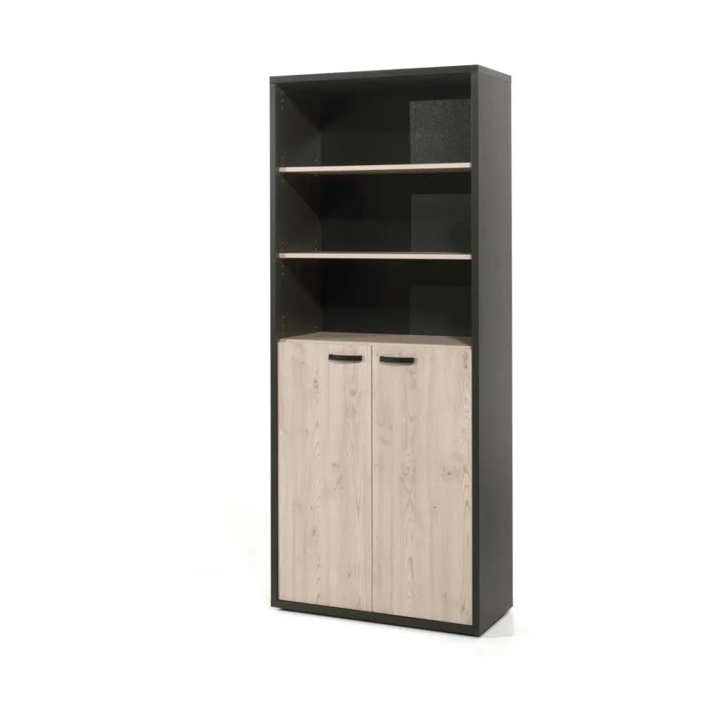Biblioteca da ufficio DEPÉ – 2 porte e scaffali – Rovere chiaro e Nero – L90 x H216 x P40 cm