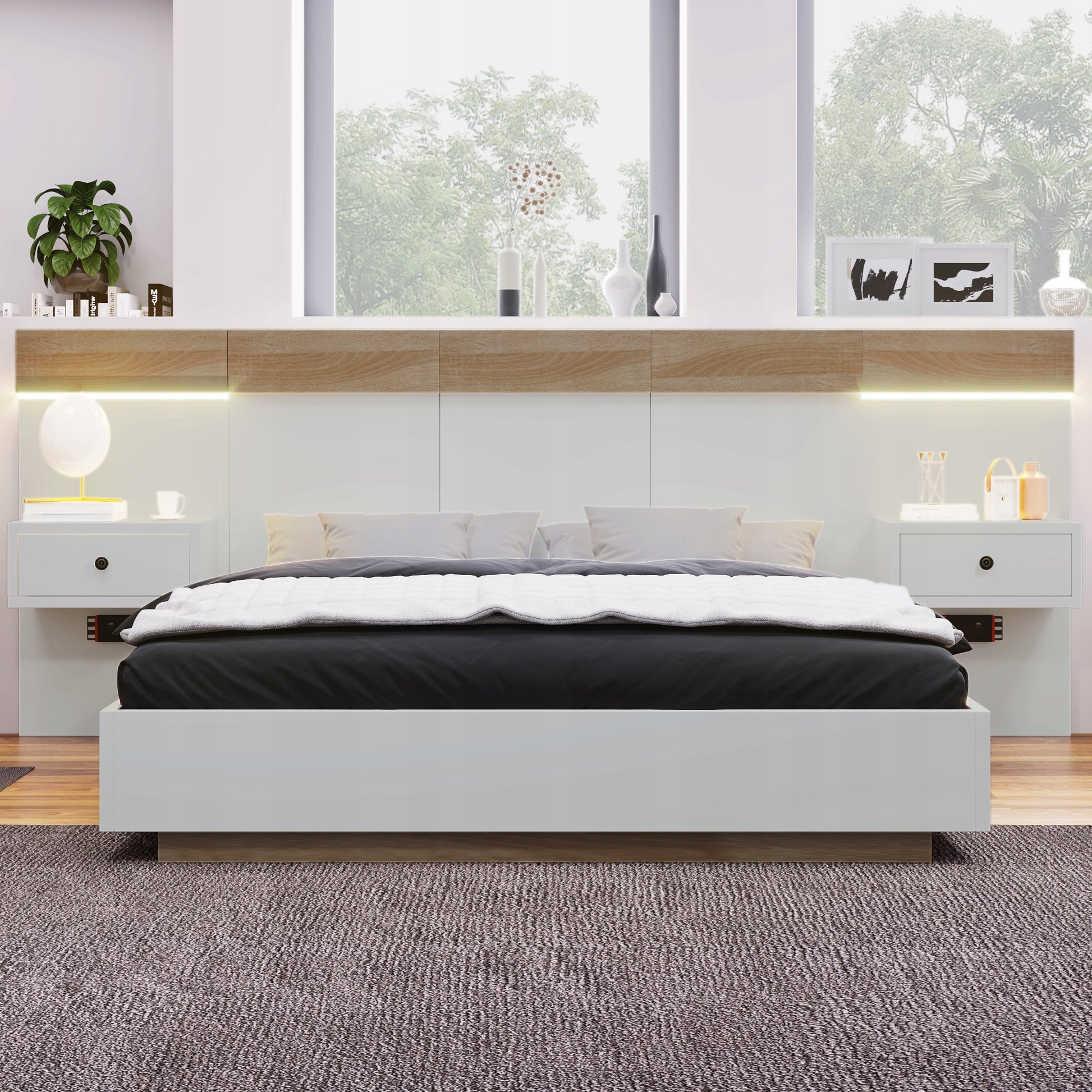 Letto 140x200 con 2 comodini e USB - Xylo - Bianco/Rovere senza materasso