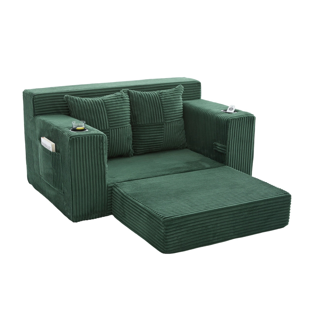 Divano pouf in velluto a coste con 2 cuscini e tasche laterali; 151x133x64 cm; smeraldo