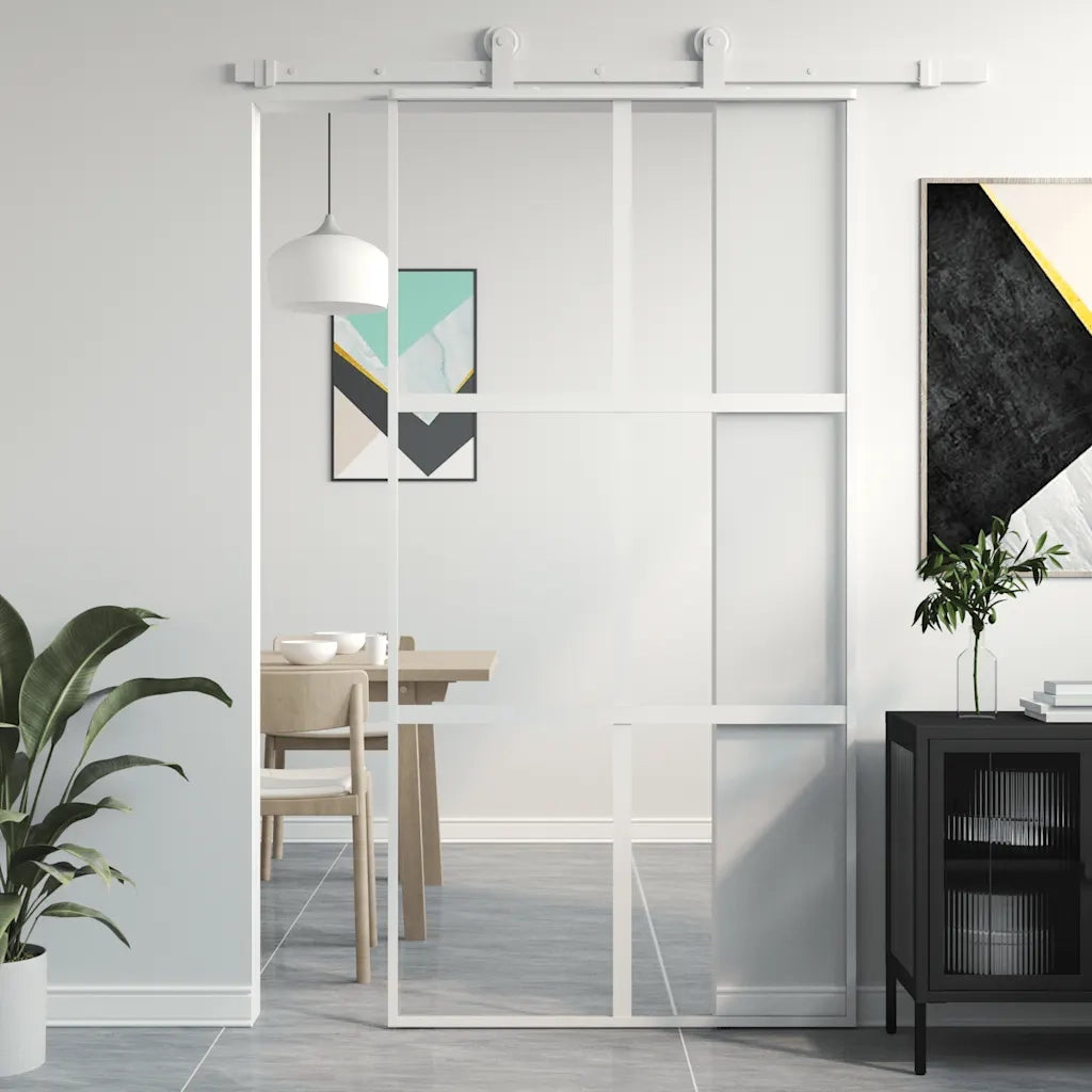 Porta Scorrevole Bianca 102,5x205cm Vetro Temperato e Alluminio 155218
