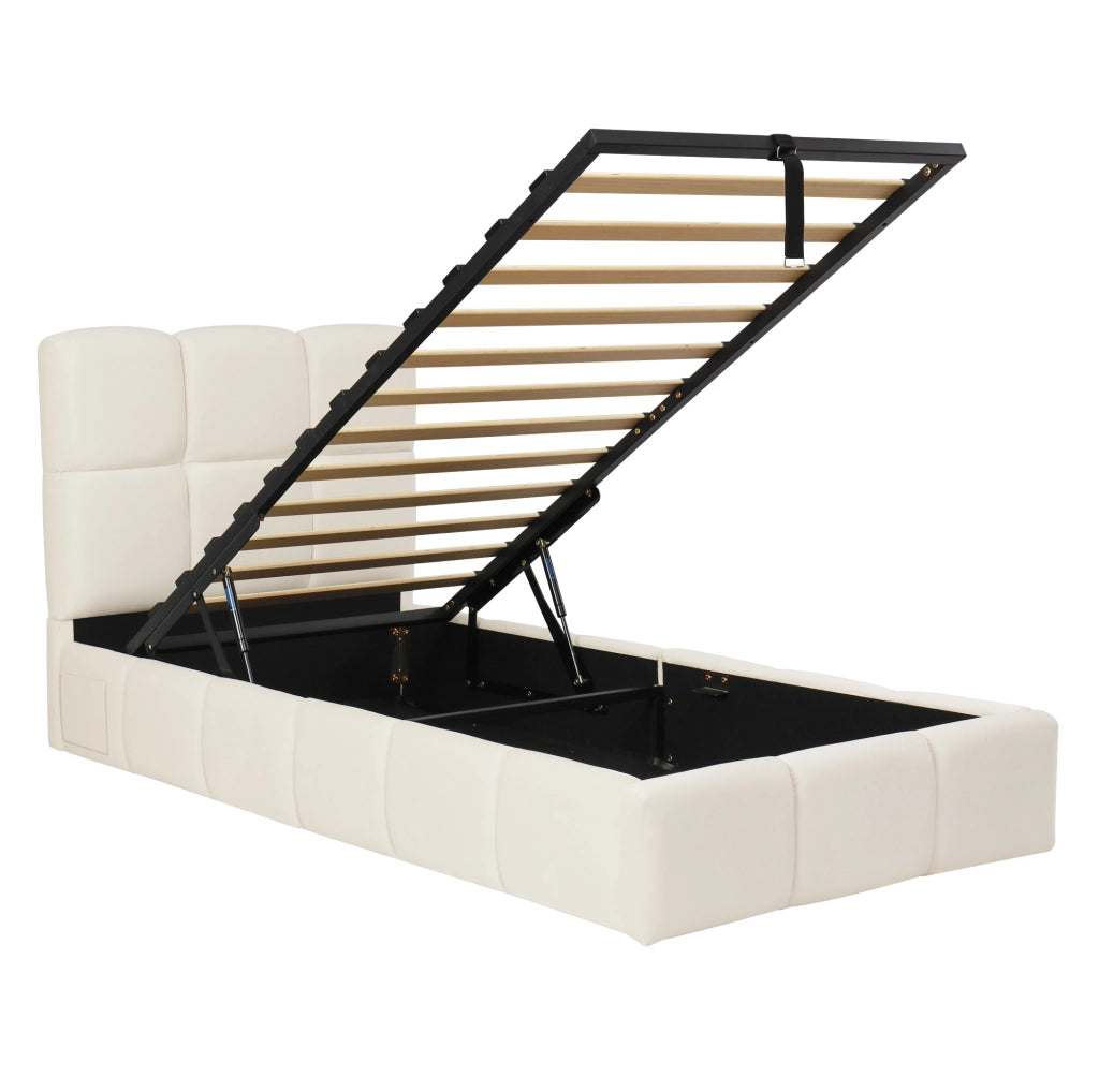 Letto singolo per bambini 90x200 cm con contenitore idraulico; USB C; velluto beige