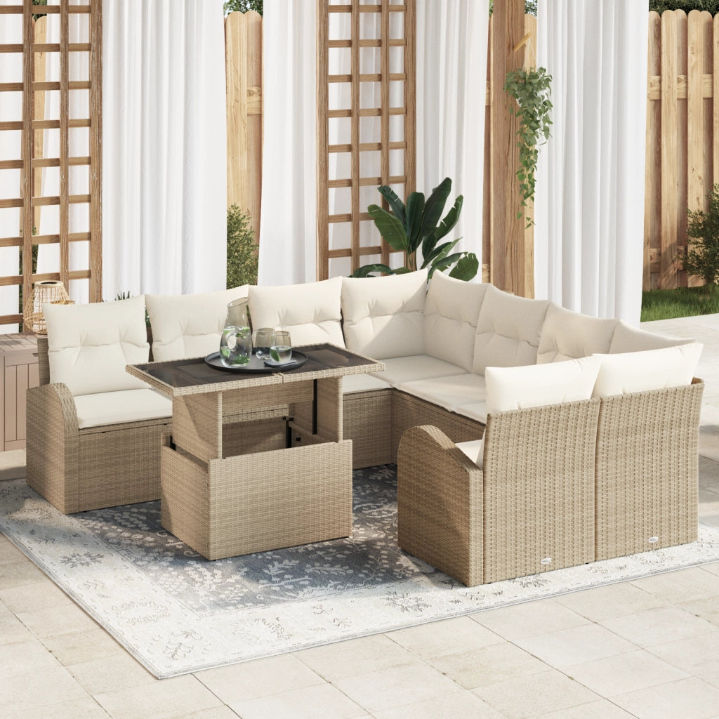 Set di Divani da Giardino 9 Pezzi con Cuscini Beige Polirattan