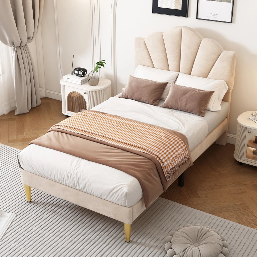 Letto imbottito 90x200 cm; testiera regolabile; velluto beige (Senza materasso)