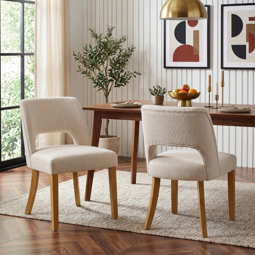 Sedie da Pranzo in Tessuto di Lino ¨C MINIMAL ¨C Gambe in Legno Massello, Beige, Set 2 Pezzi