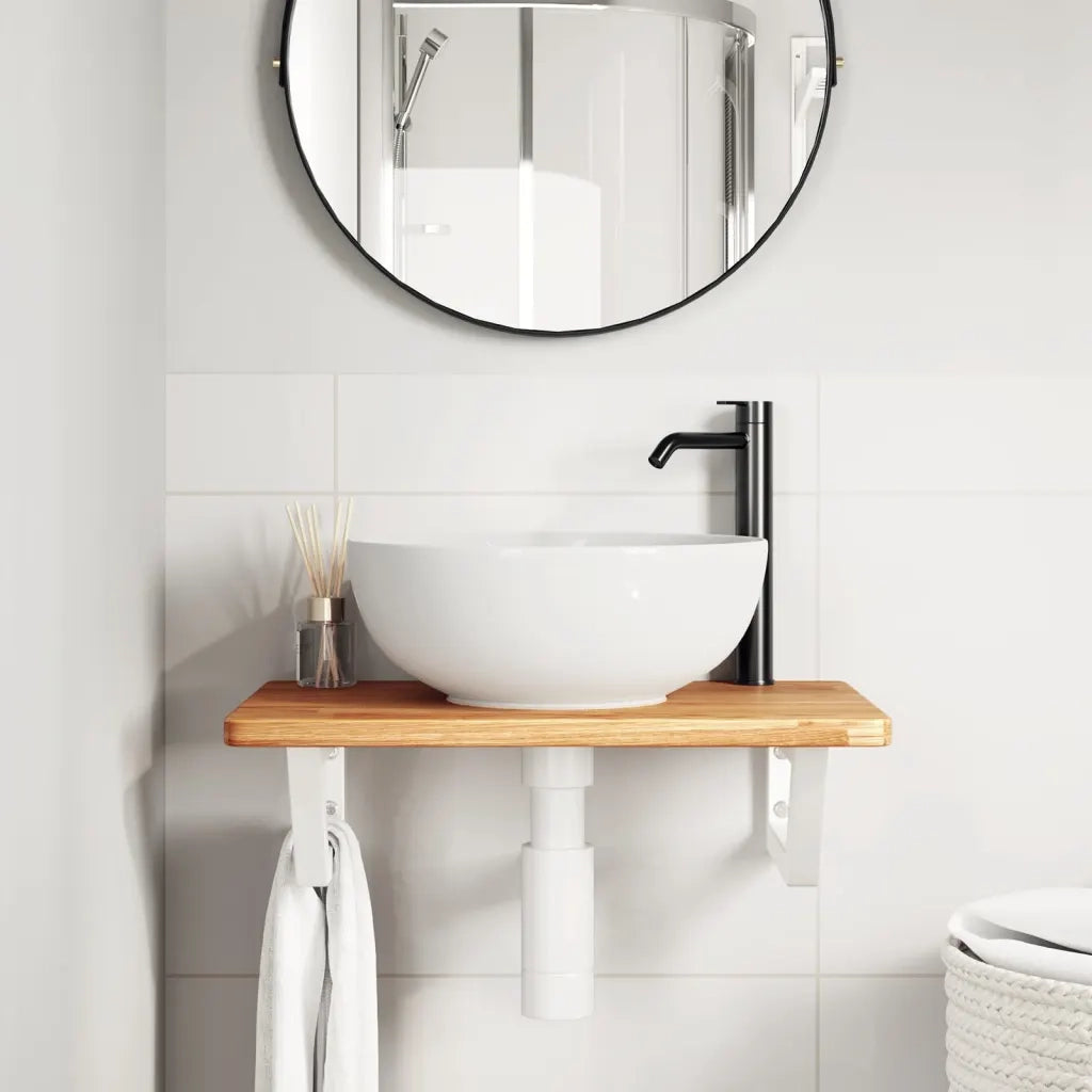 Ripiano a Parete per Lavabo-Mensole a Muro in Acciaio e Massello di Rovere 840531