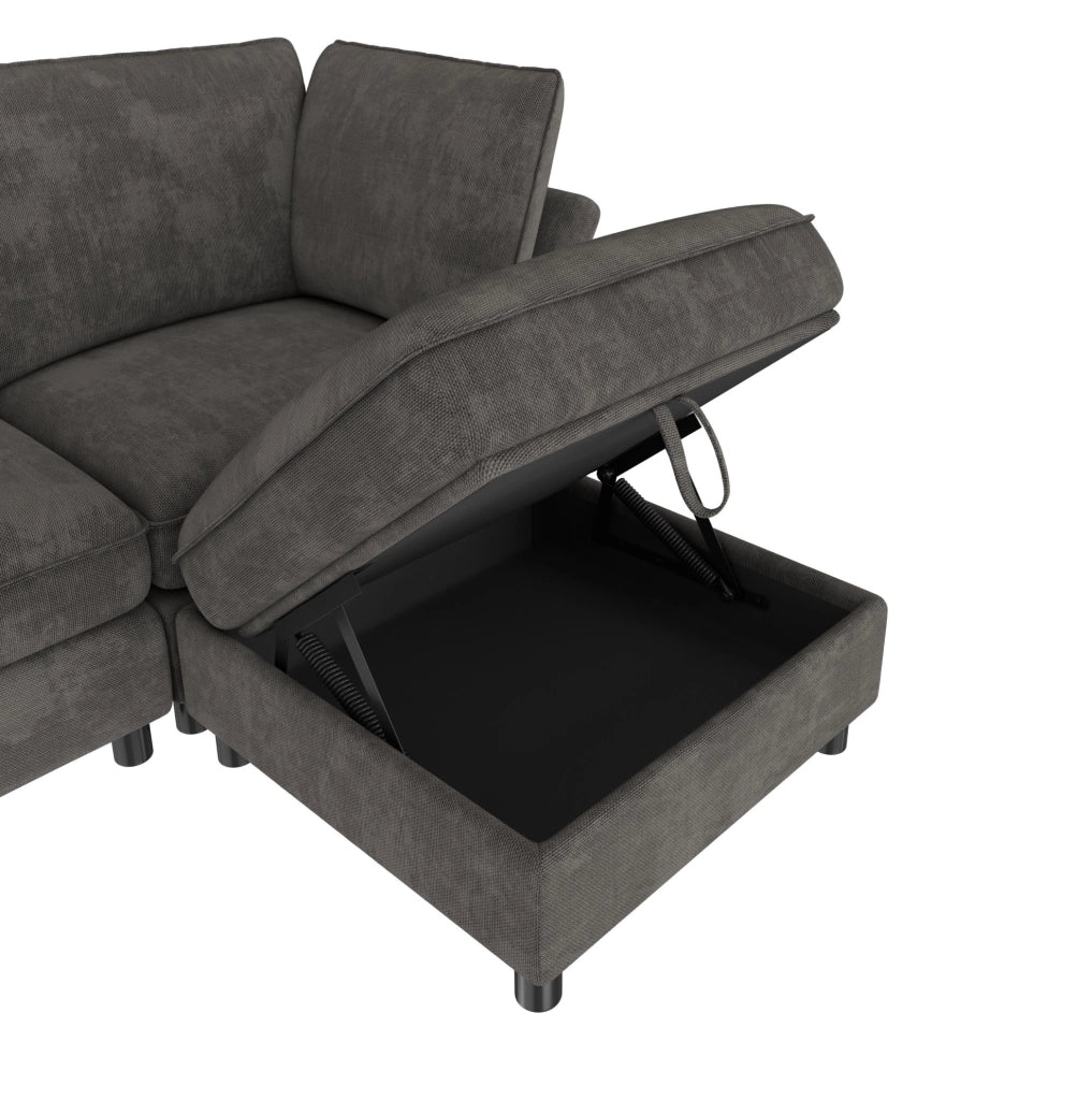 Sofa modulare a L con pouf contenitore, 4-5 posti, tessuto Chenille grigio