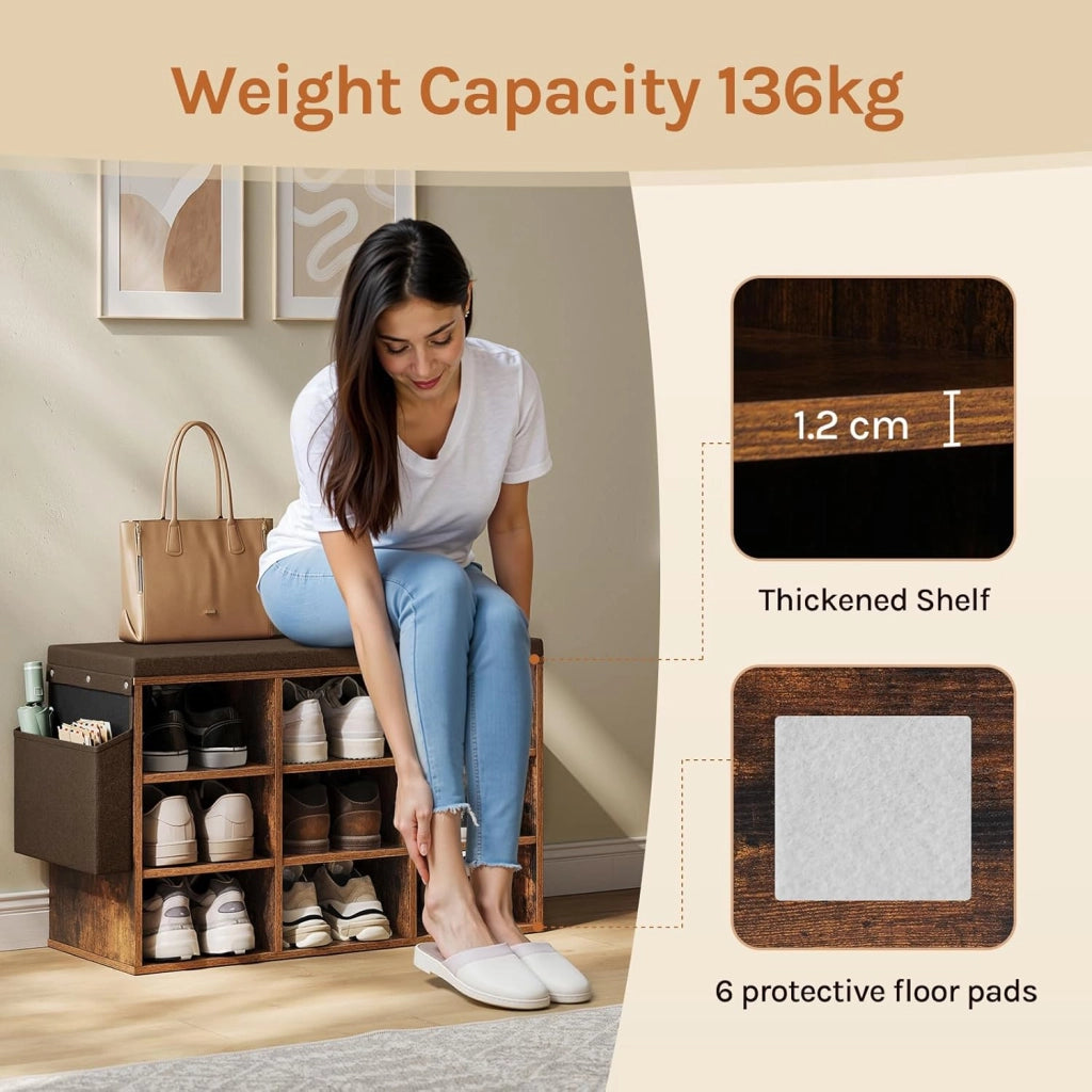 WOLTU Panca Scarpiera da Ingresso, Scaffale Porta Scarpe a 9 Scomparti con Seduta Imbottita, Mobile da Ingresso Salvaspazio in Legno, Marrone Rustico+Marrone, 76,8x30x48,5 cm