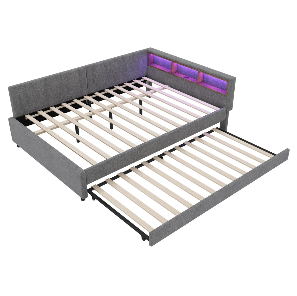 Letto 140x200 cm estraibile con LED; vano portaoggetti e USB in lino grigio