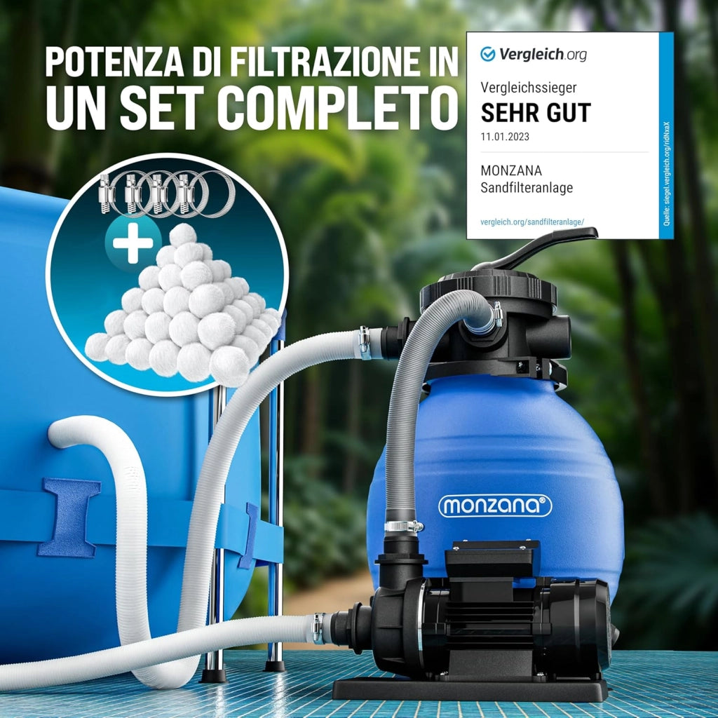 ® Filtro per Piscina a 7 Vie 9.960 L/h Serbatoio 30L con Prefiltro e Sfere Filtranti da 1200g