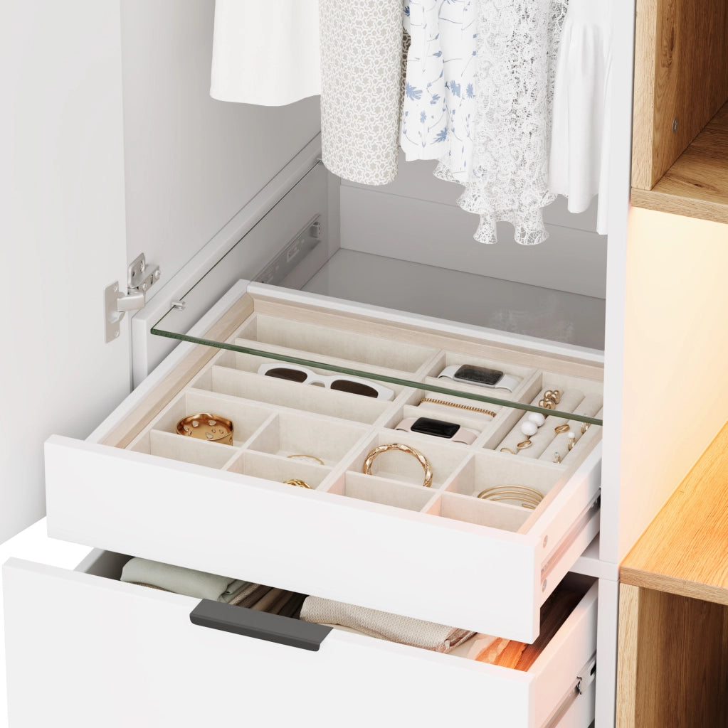 Armadio 90x49x200 cm con LED, 4 cassetti e 2 barre appendiabiti in MDF