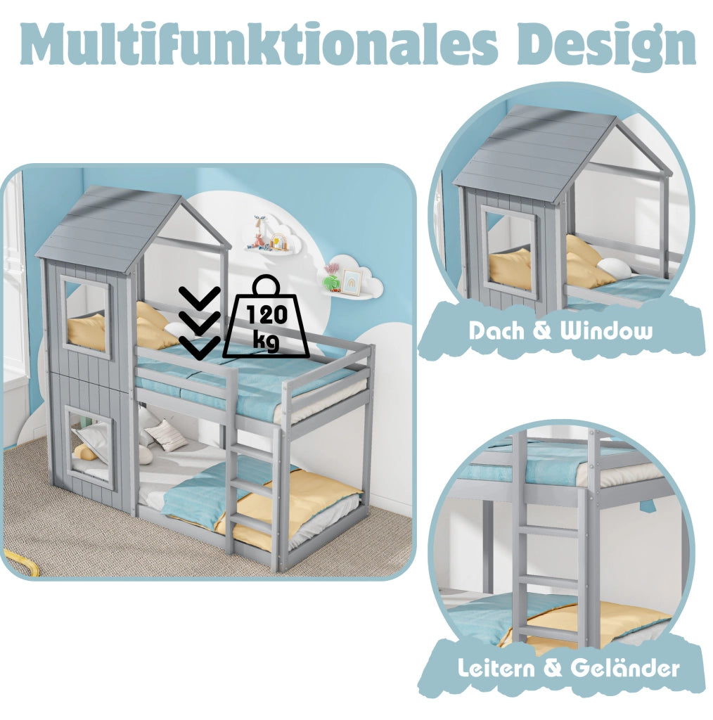 Letto a castello per bambini 90x200 cm in pino e MDF; grigio; con sponde di sicurezza