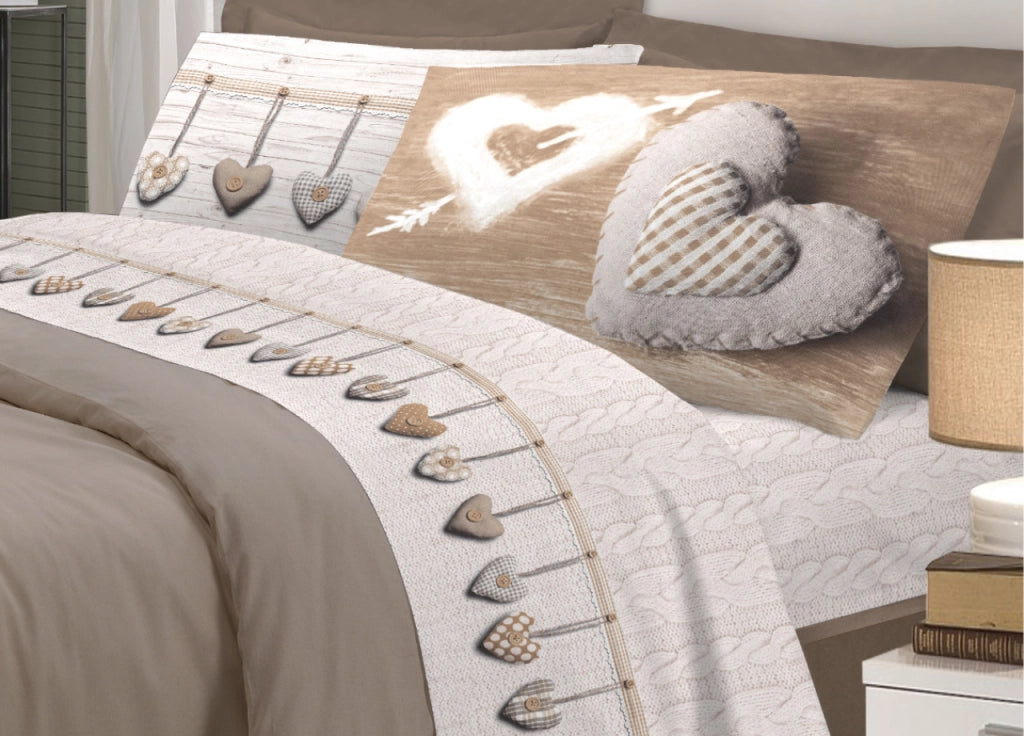 Completo Lenzuola Linea Pensieri Delicati 100% Cotone Disegno Cuore Appeso - Singolo - Beige