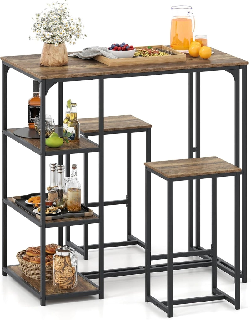 Tavolo da bar con sgabello da bar, tavolo da bar con 3 ripiani, bancone da cucina con 2 sgabelli, set da pranzo per 2 persone, tavolo da cucina industriale, gruppo da pranzo con telaio in