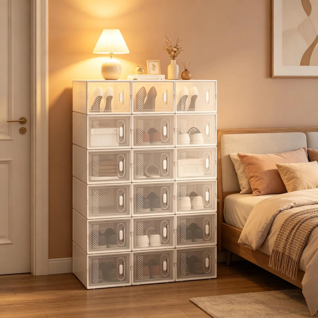 Set di 18 scatole porta scarpe impilabili in plastica trasparente e bianca, contenitori modulari salvaspazio con apertura frontale