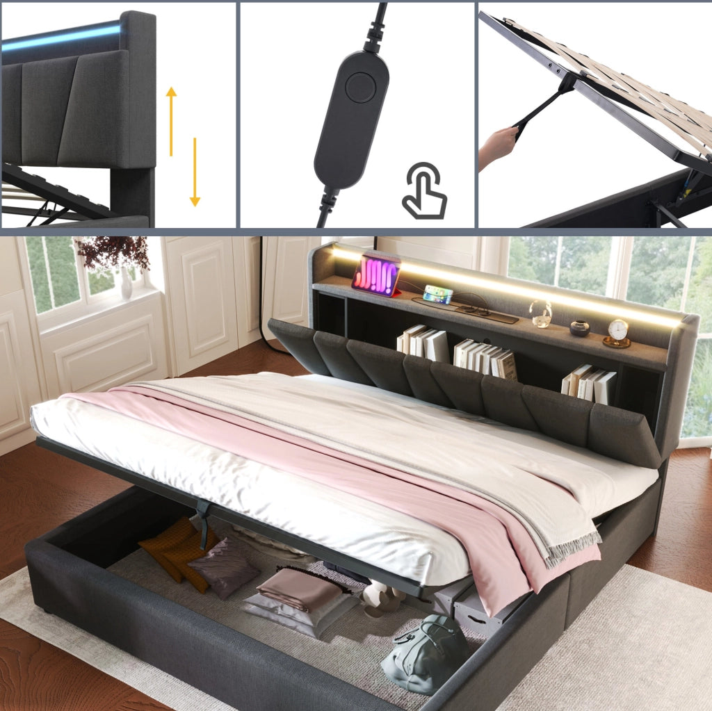 Letto imbottito ULEVR 140x200 cm con contenitore, LED RGBW, prese USB e Type-C, grigio