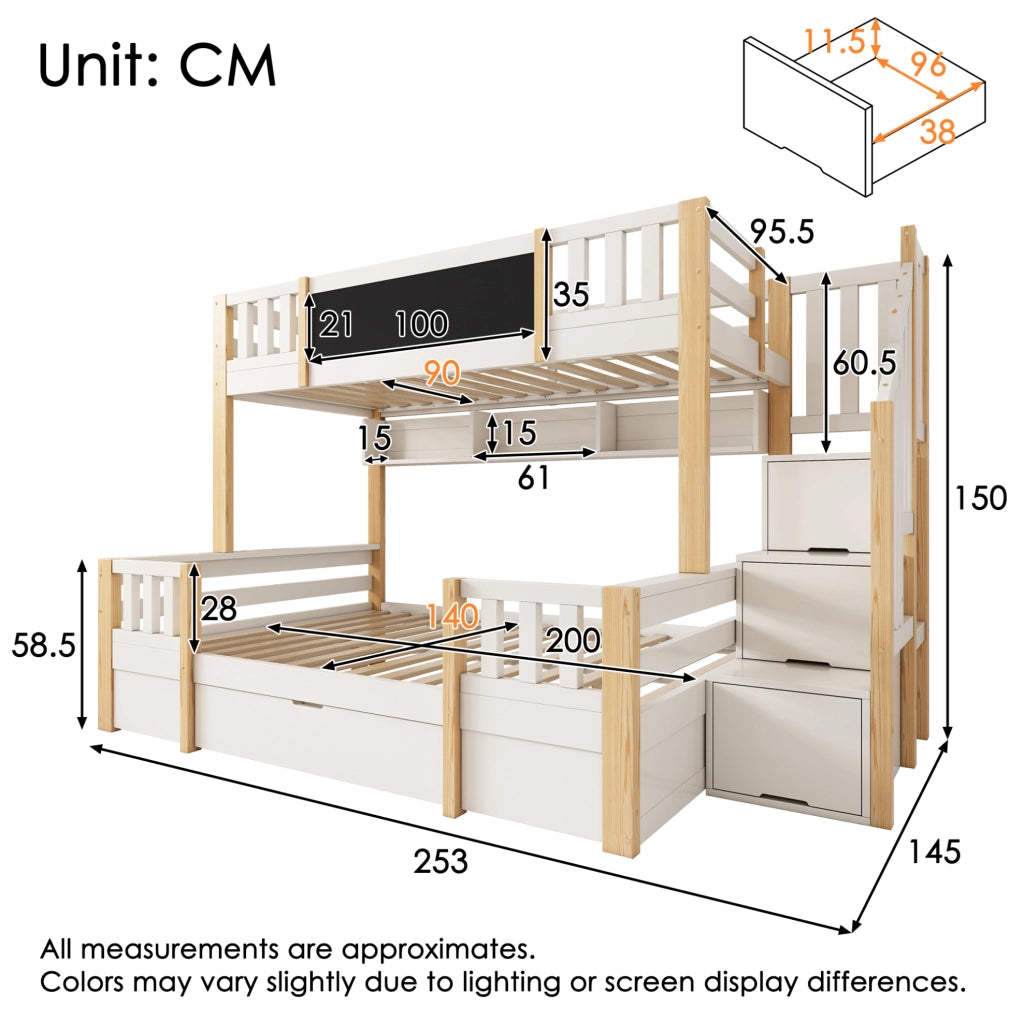Letto a castello per bambini 90x200 e 140x200 cm in legno massiccio; bianco e naturale