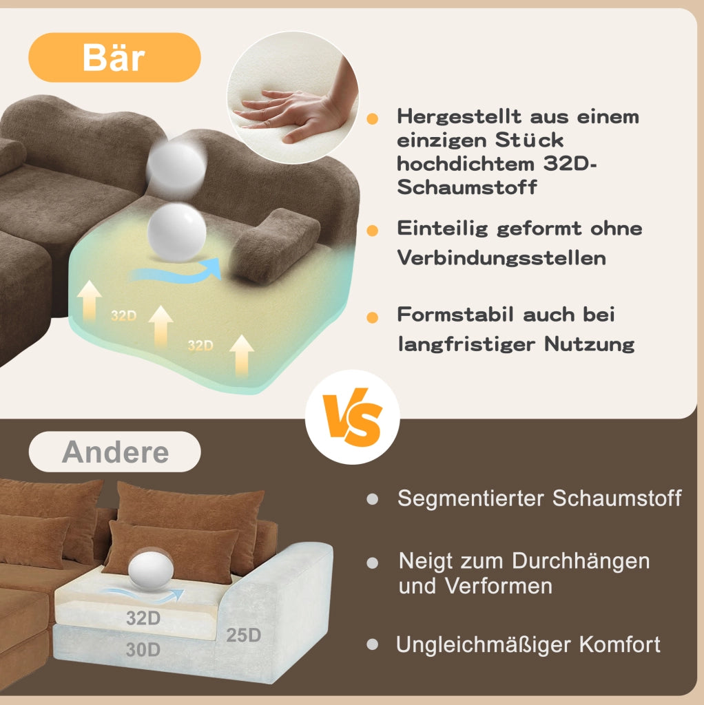 Divano angolare modulare a onda 384x167x70 cm in velluto marrone; senza struttura interna