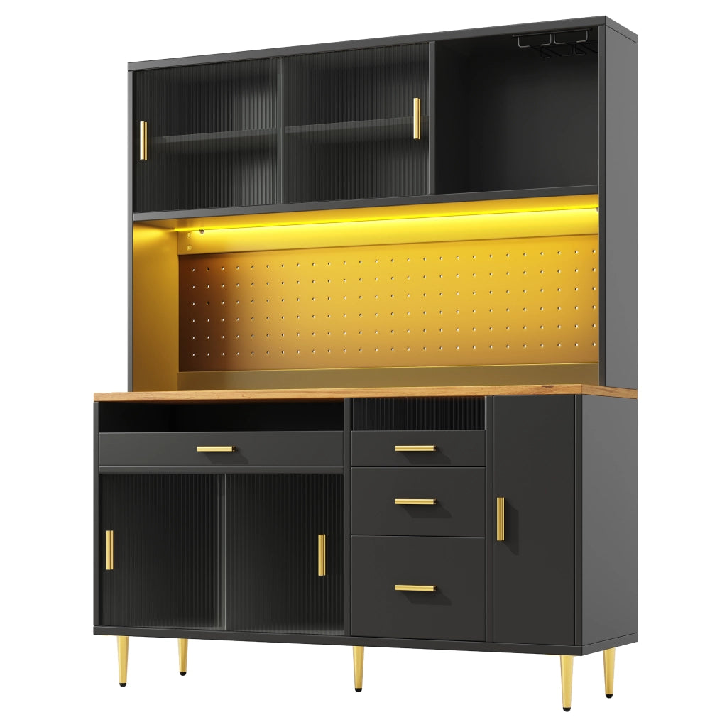 Credenza Alta da Cucina con 2 Ante Scorrevoli in Vetro; Ripiani Regolabili e LED; in MDF; 145×39×171 cm; Nero