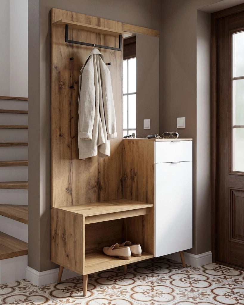 Set da ingresso in MDF marrone chiaro con porta scarpe e appendiabiti