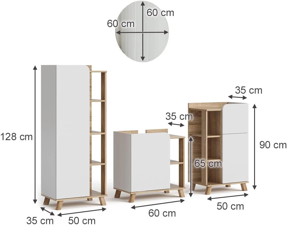 Set di mobili da bagno Karen, Sonoma/Bianco, 60 cm, composto da mobile lavabo, pensile a specchio, colonna e base media