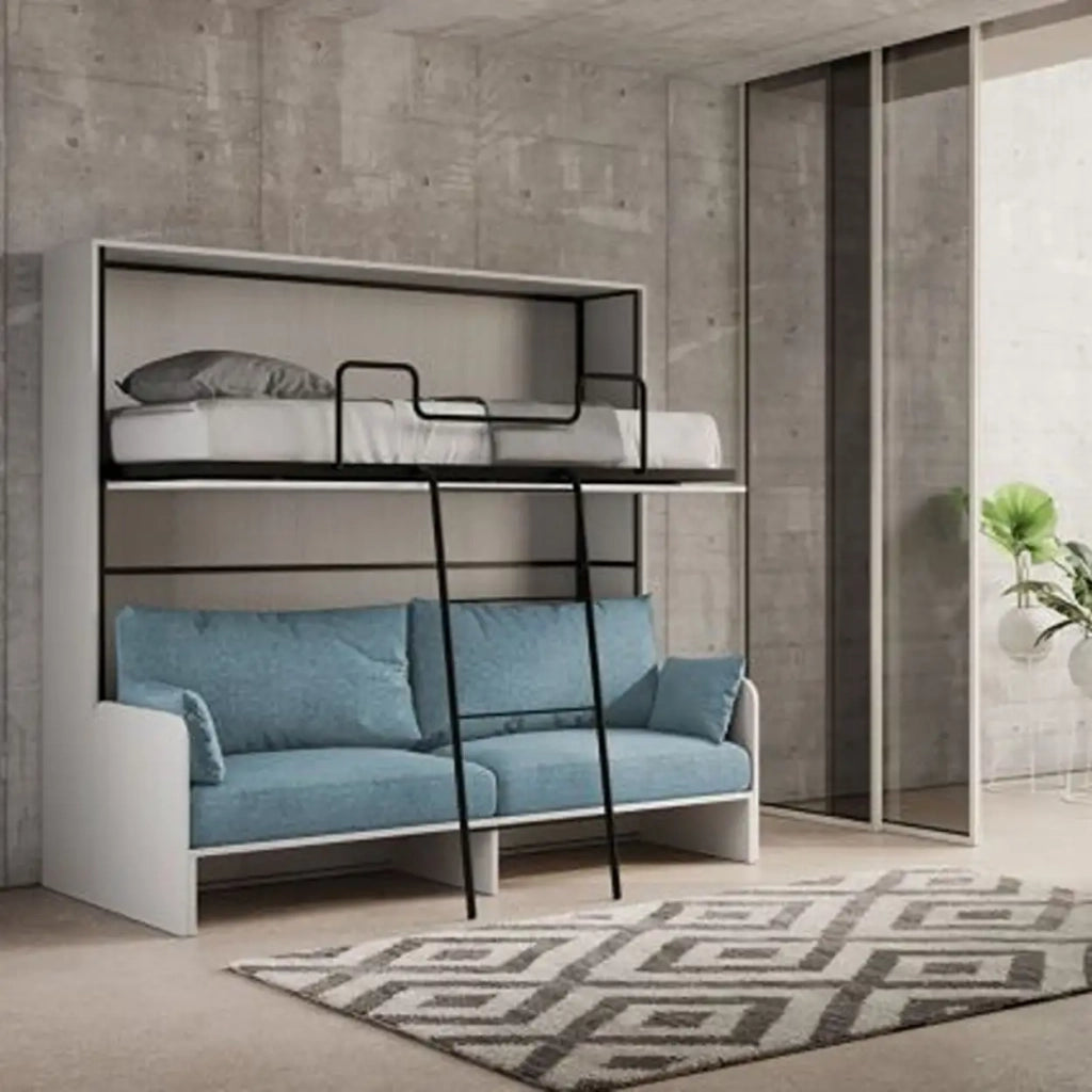 Letto doppio a scomparsa Kando con divano bianco frassino, azzurro