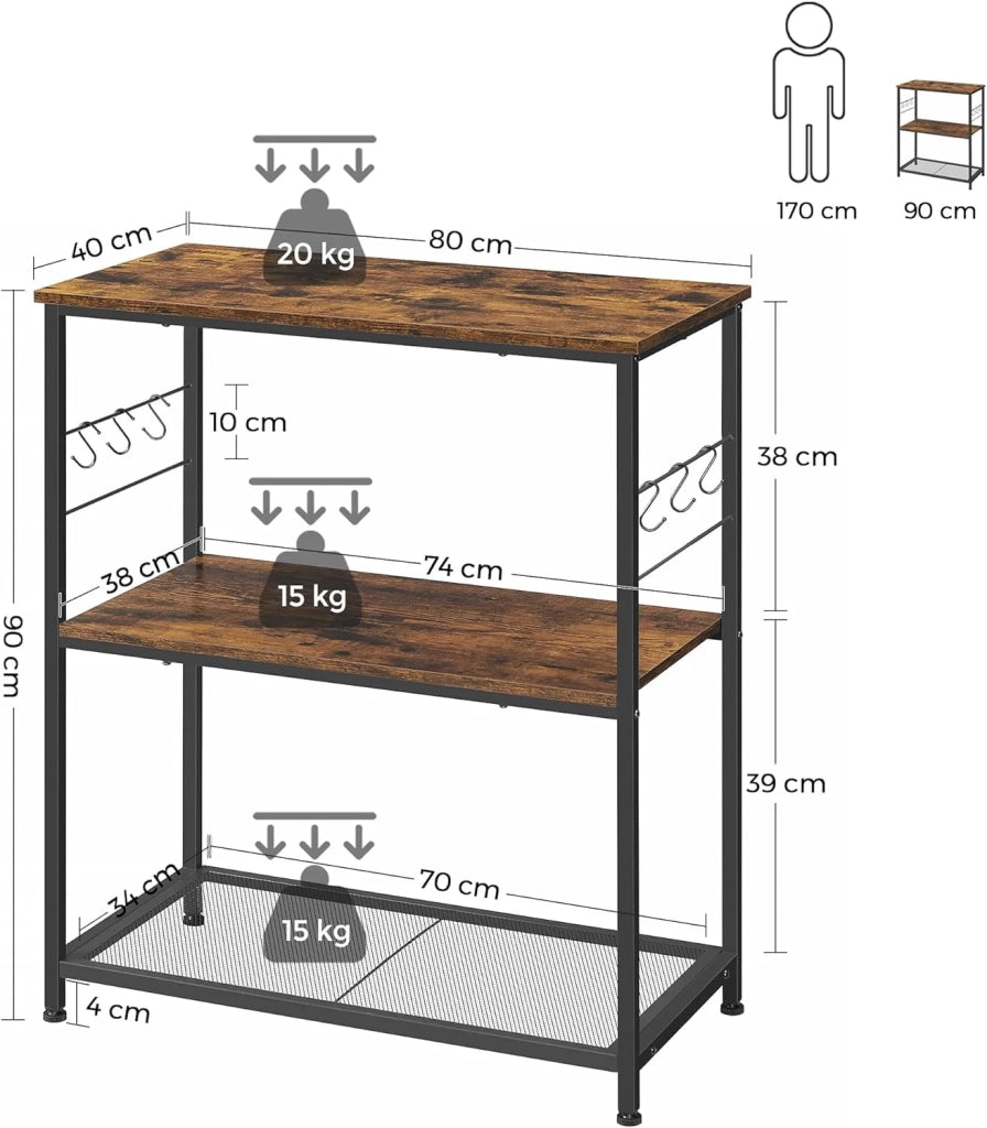 Mobile cucina isola ripiano portaoggetti supporto forno microonde con 3 ripiani aperti 6 ganci 80 x 40 x 90 cm stile industriale rustico marrone e nero 12_0003135