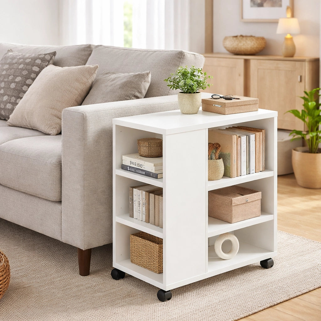Tavolino Divano Libreria Moderno 3 Ripiani con 4 Ruote Legno Mdf Bianco