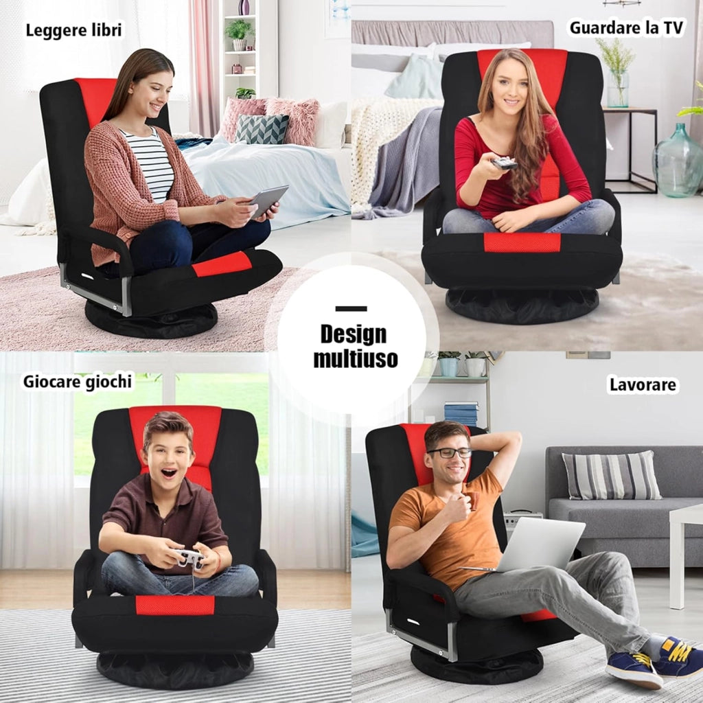 Poltrona Relax da Pavimento, Sedia da Pavimento Pieghevole, Sedia da Terra Girevole a 360°, per Salotto Camera da Letto, Portata 140 kg (Rosso)