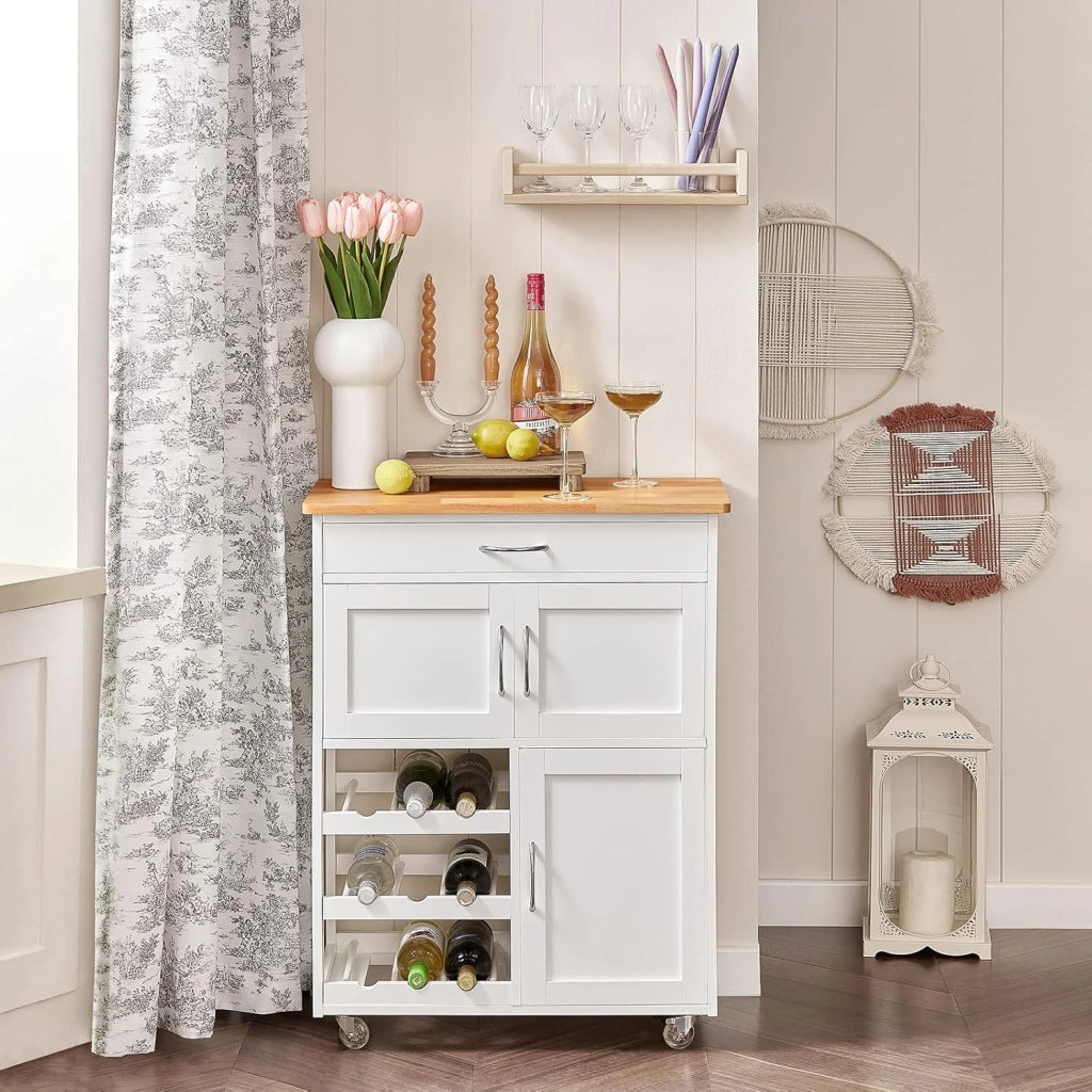 Mobile Cucina Salvaspazio con Ruote Carrello Cucina con Cassetti e Portabottiglie, Mobiletto Credenza credenza cucina per Cucina o Sala da Pranzo, Bianco 67x86x38cm FKW45-WN