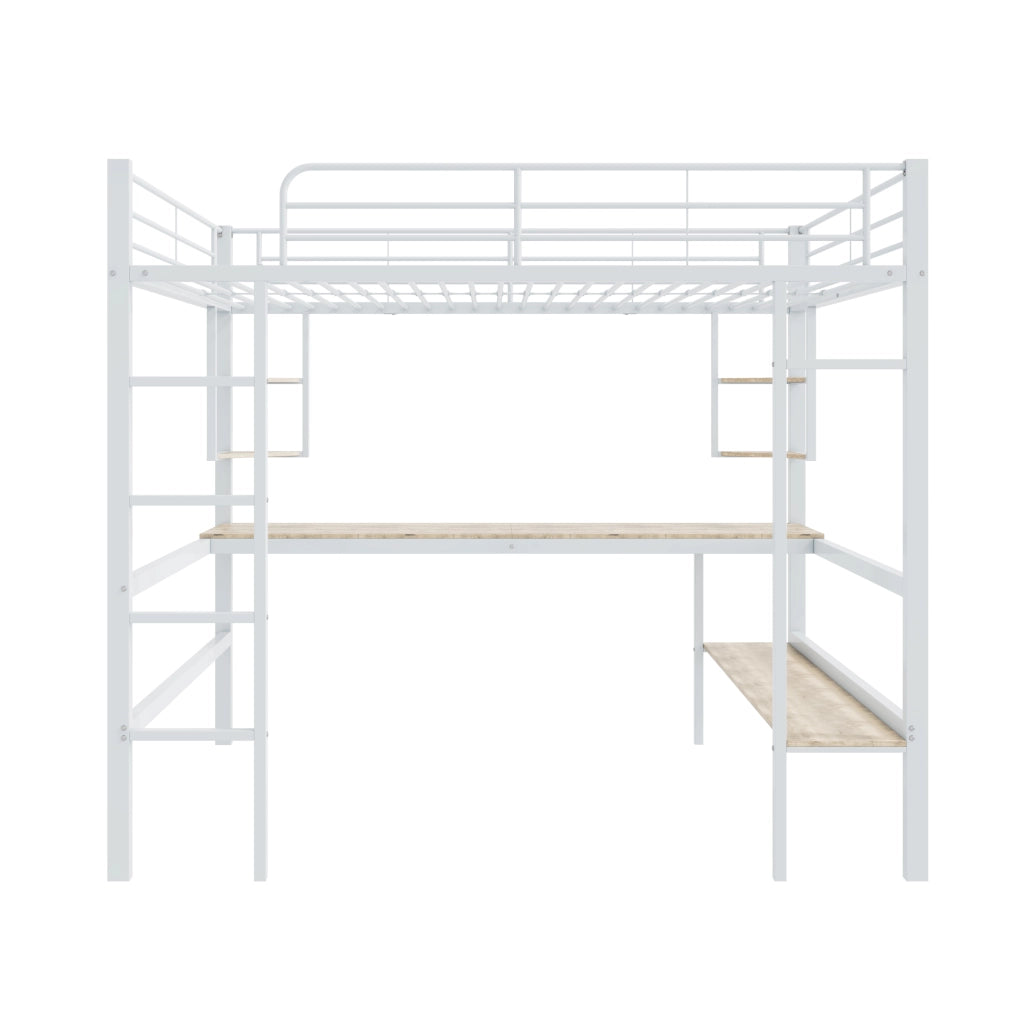 OKWISH Letto a Soppalco 140×200 cm, Letto Matrimoniale con Scrivania, 4 Mensole e Libreria, senza Materasso, in Metallo e MDF, Bianco