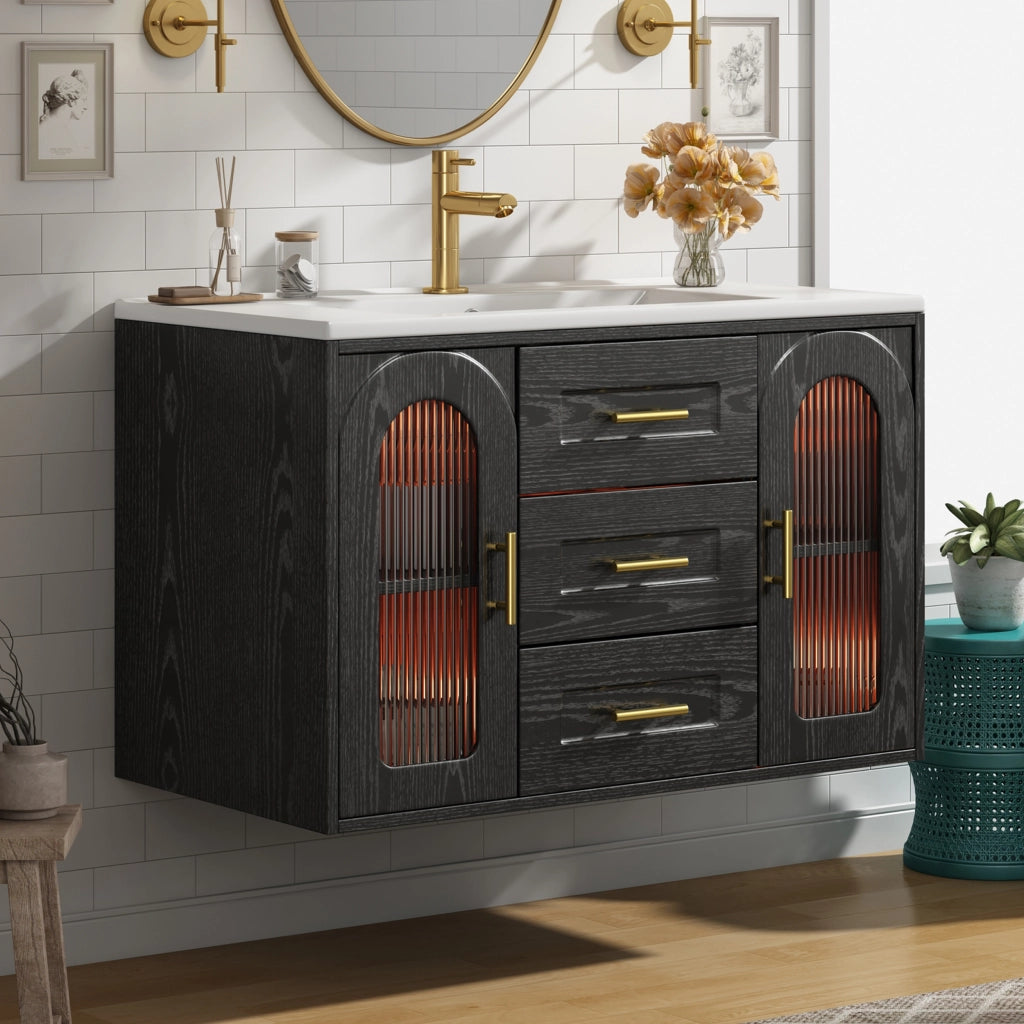 Mobile sottolavabo da bagno con LED, 2 cassetti e ripiani regolabili, anta in vetro rigato, nero, 76 × 46 × 55 cm
