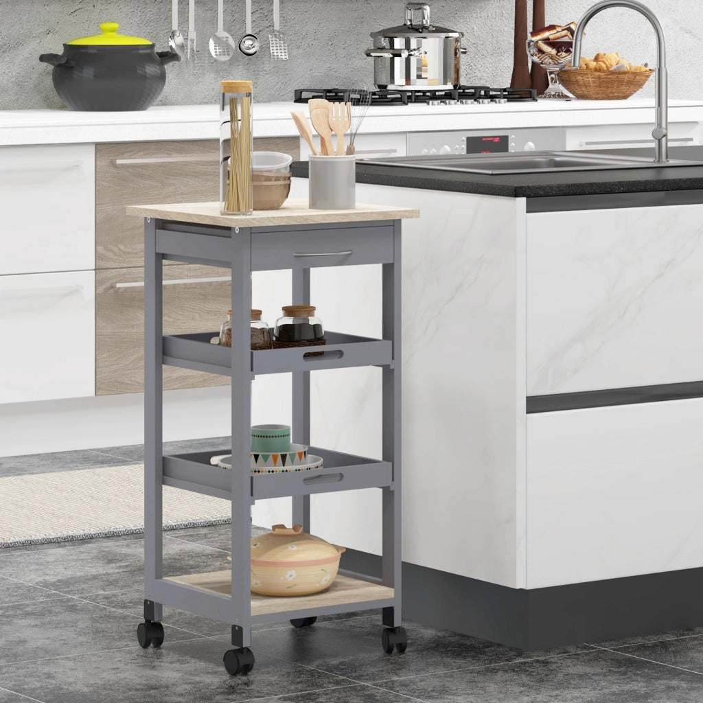 Carrello da cucina con 2 ripiani amovibili, cassetto e scaffale ¨C zephmum ¨C legno di pino grigio e quercia chiaro