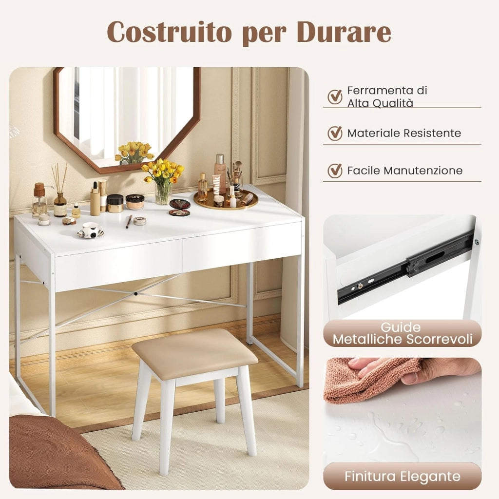 Scrivania per Computer con 2 Cassetti, Scrivania Porta PC con Telaio in Metallo e Legno, Posizione da Lavoro per Studio e Ufficio, Portata 100 kg, 112 x 48 x 76 cm (Bianco)