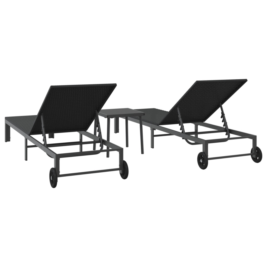 Lettini 2 pcs con Ruote e Tavolo Nero Polyrattan