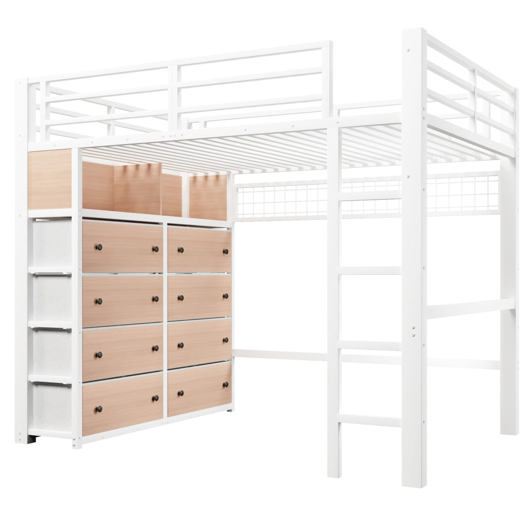 Letto a Soppalco 140x200 cm - 8 Cassetti; LED e Mensole - in Metallo - Bianco