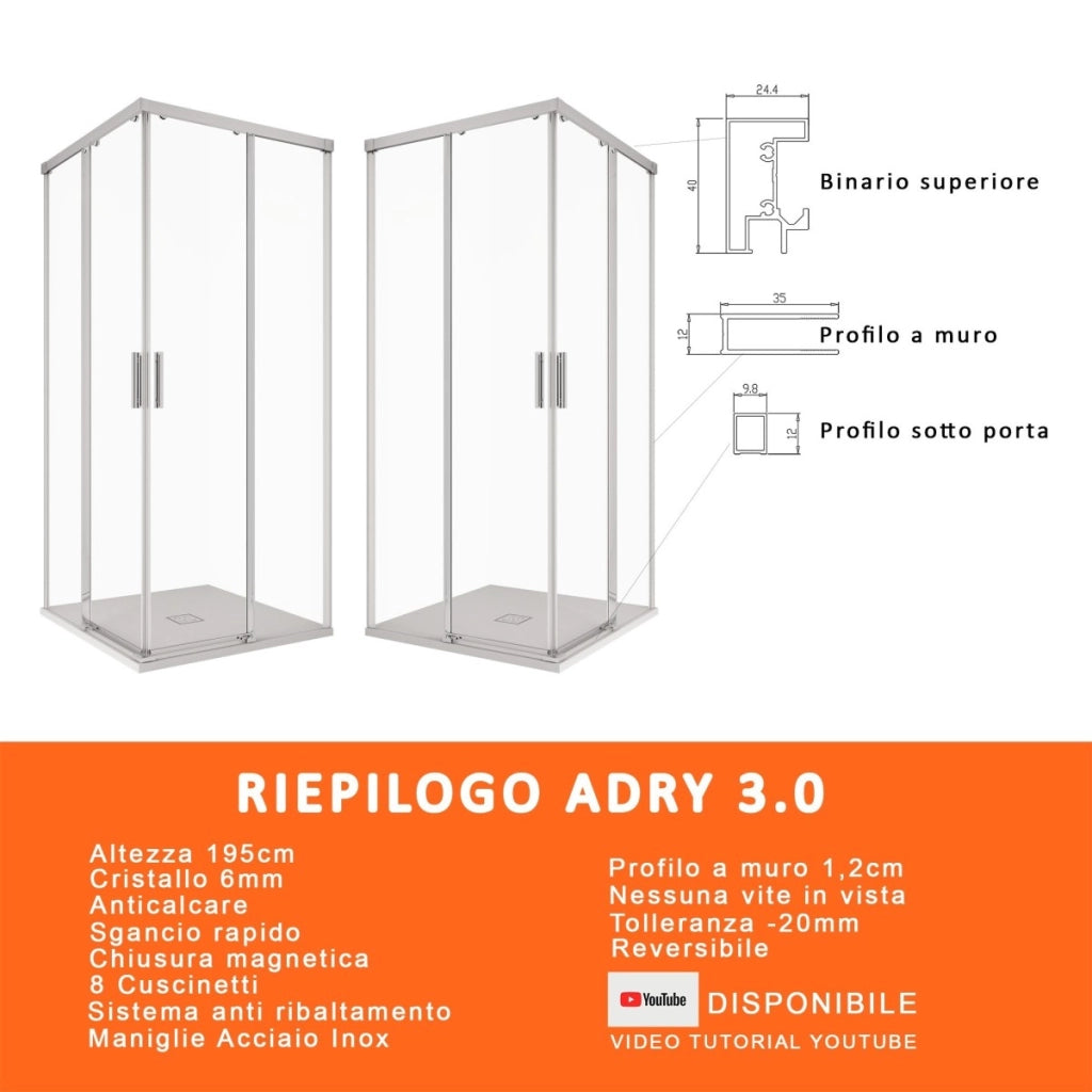 Box doccia due lati scorrevole trasparente 6mm h195cm unico, misura 90x90
