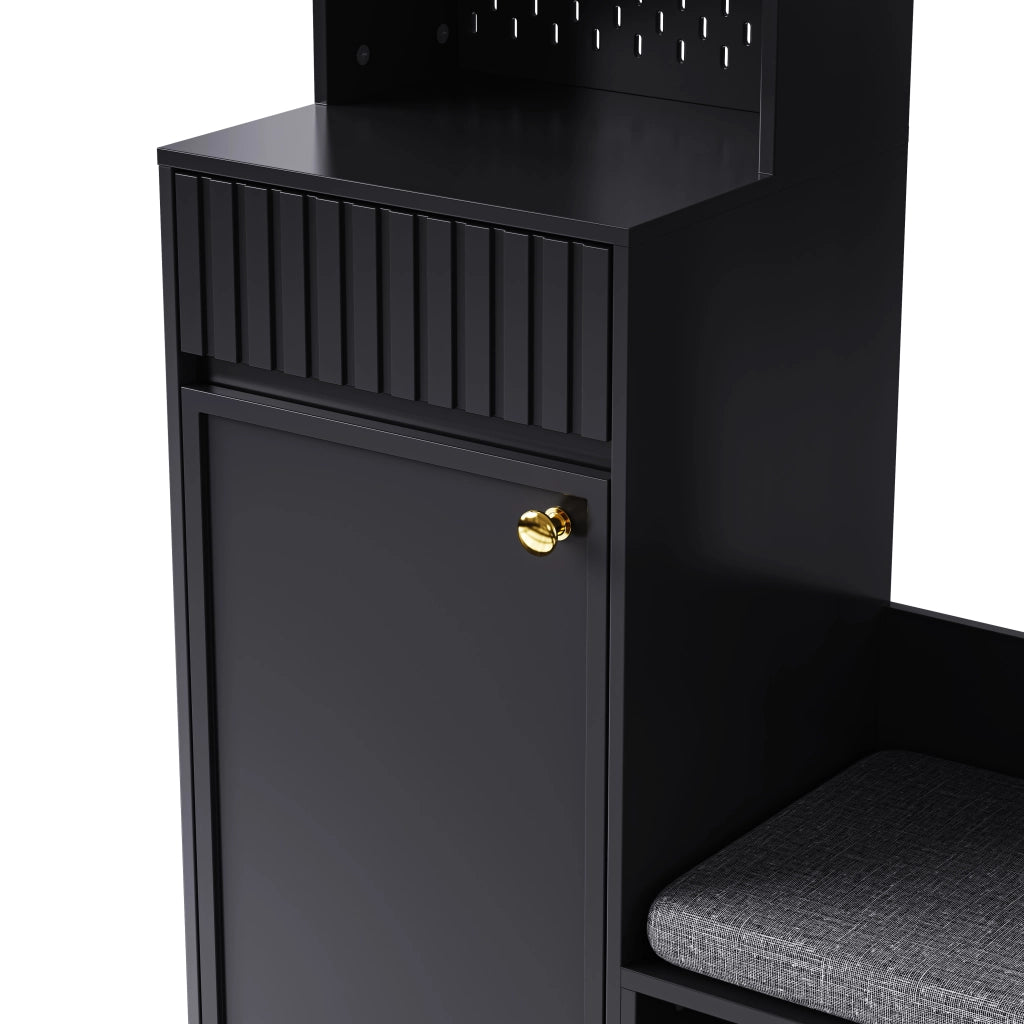 Set mobili da ingresso con appendiabiti, armadio, panca imbottita, 4 ganci e 2 cassetti, in MDF nero